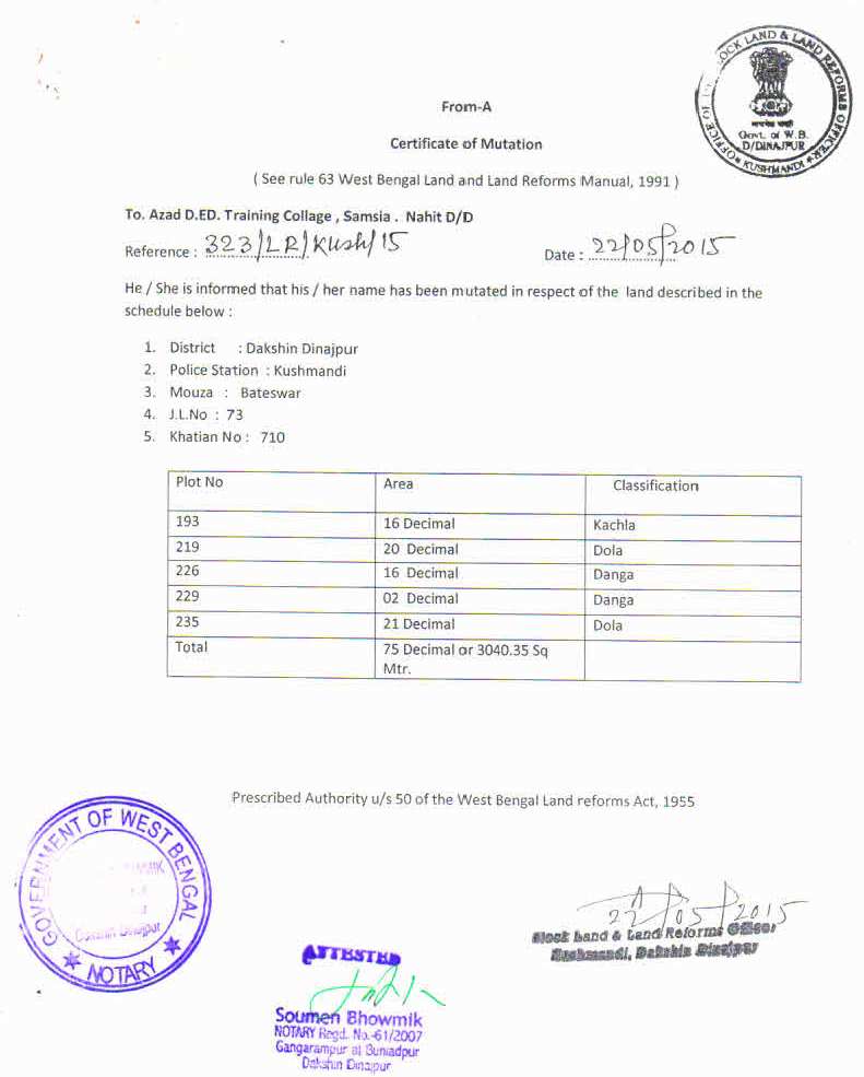 Mutation Certificate AZAD D ED TRAINING COLLEGE